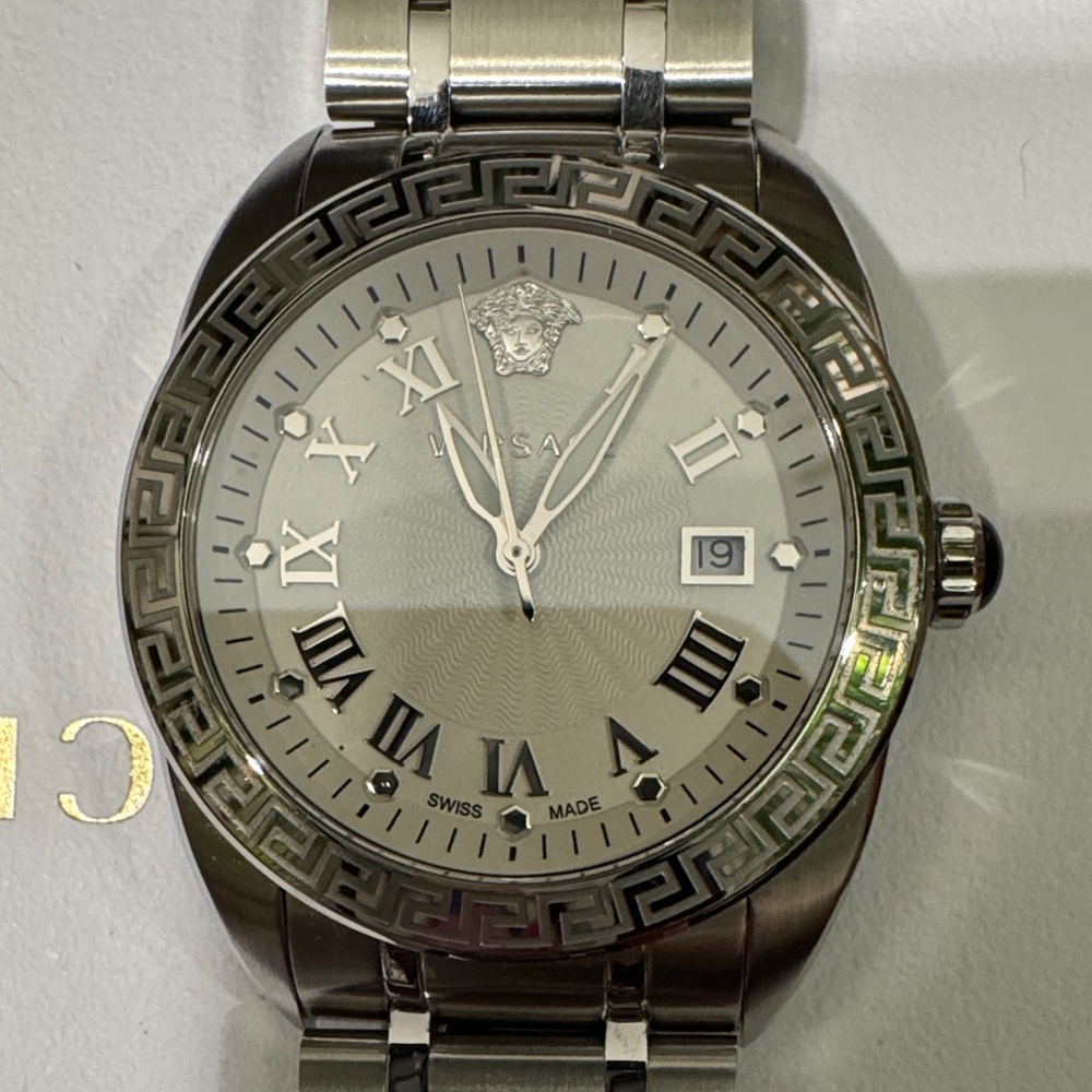 Versace Silver and Black Watch with Greek Key Design Needs Replacement Battery